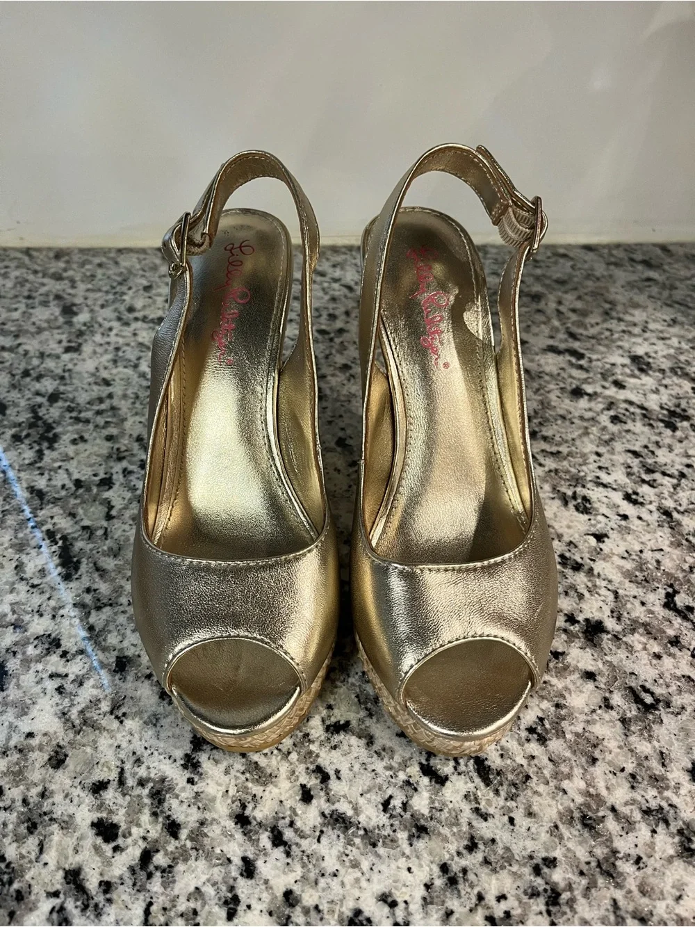 Lilly Pulitzer Kristen Gold Sling Back Open Toe Wedge Sandal
